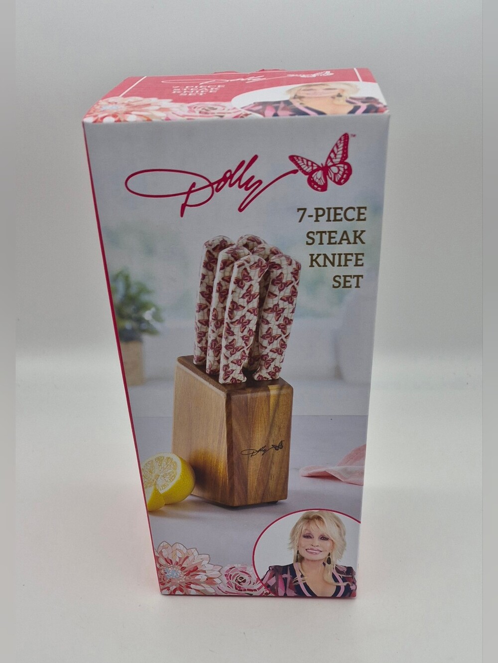 Dolly Parton 7-Piece Steak Knife Set Pink Handles Acacia Block for Storage